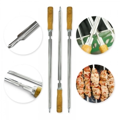 Stainless Steel Heavy Duty Large Wide Reusable Brazilian Wood Handle V-Shaped Shish Kabob BBQ Skewers Suitable for 5mm square hole