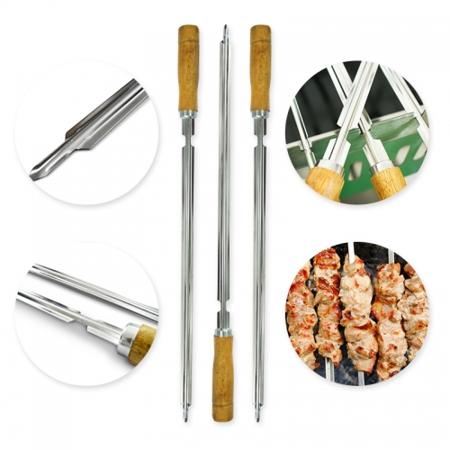 Stainless Steel Heavy Duty Large Wide Reusable Brazilian Wood Handle V-Shaped Shish Kabob BBQ Skewers Suitable for 5mm square hole