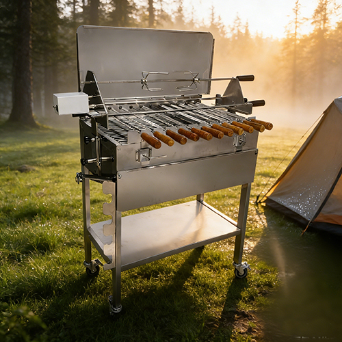 Outdoor barbecue with wind deflector stainless steel Cyprus-style rotisserie barbecue grill.