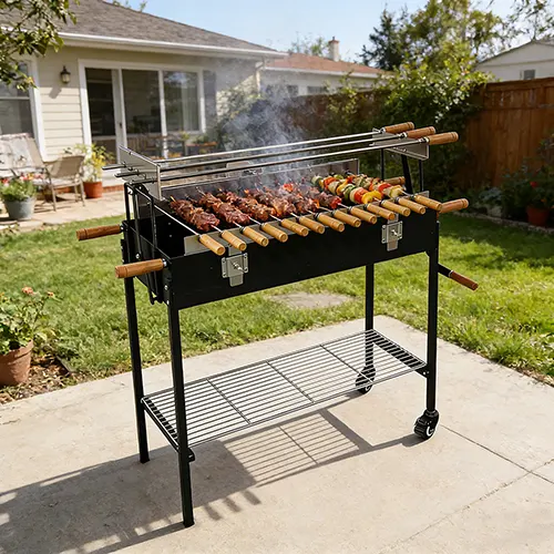 Black electric grilled skewers with rotating Cyprus style charcoal grill