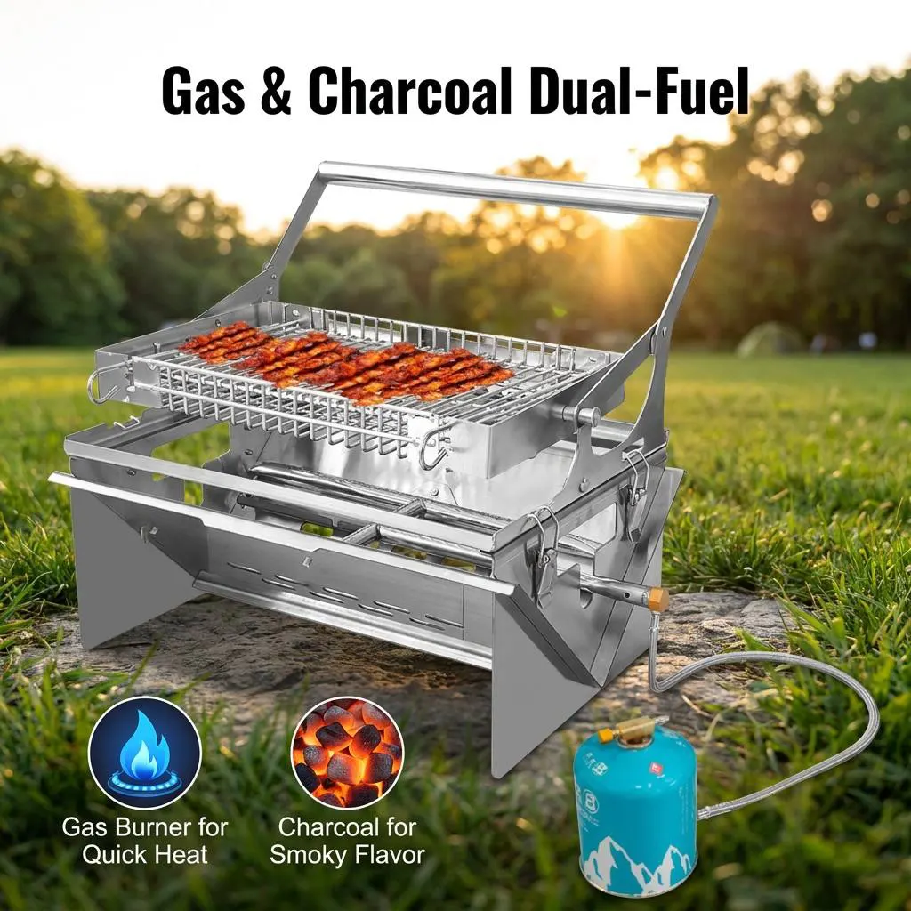 Outdoor portable gas charcoal flip barbecue grill-Professional Dual-Fuel Stainless Steel Grill: The Ultimate Solution for Urban & Outdoor BBQ Markets