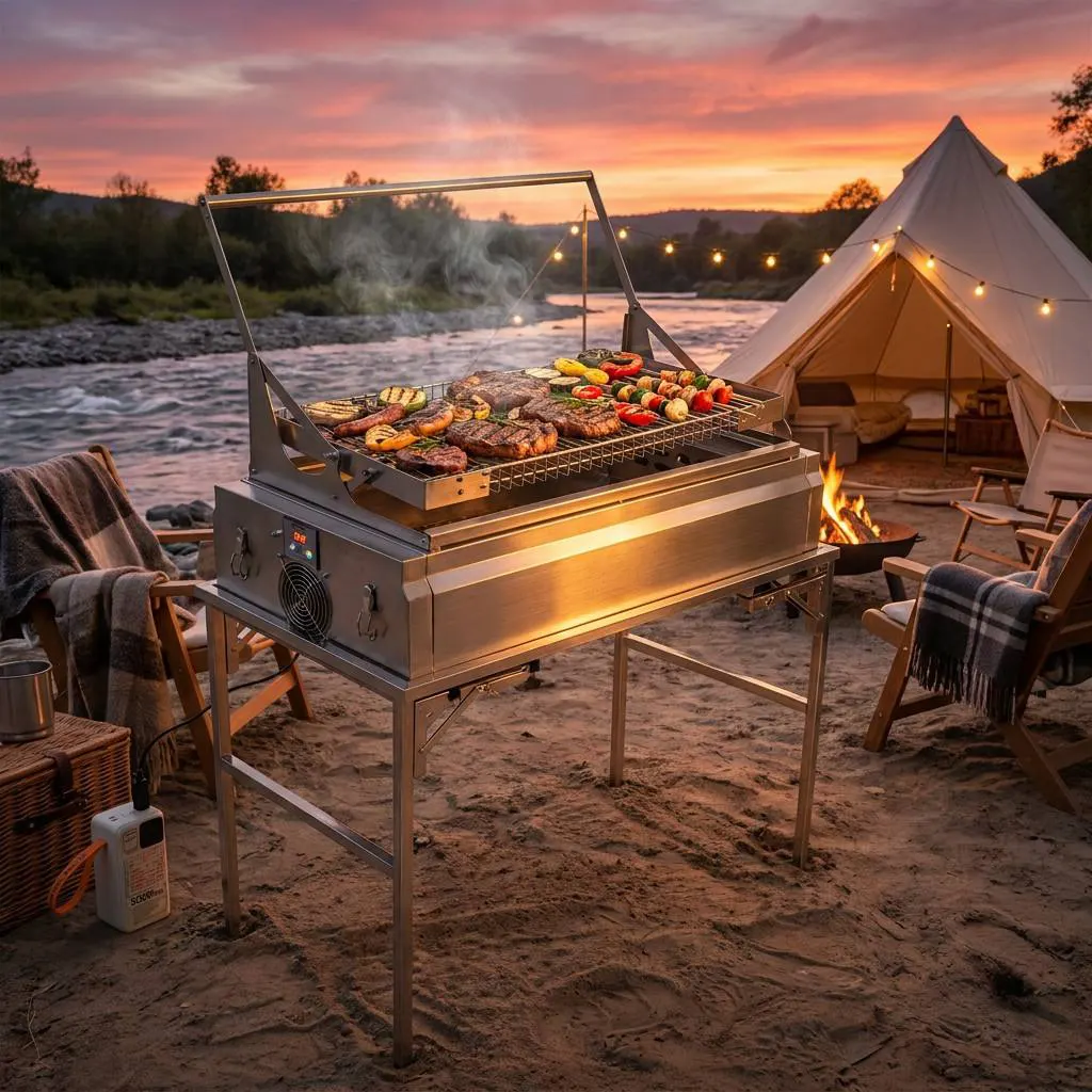 Commercial Stainless Steel Charcoal Grill with 360° Rotating Basket & Electric Blower, Foldable Stand Dual-Purpose BBQ Rotisserie Grill for Camping Backyard Catering