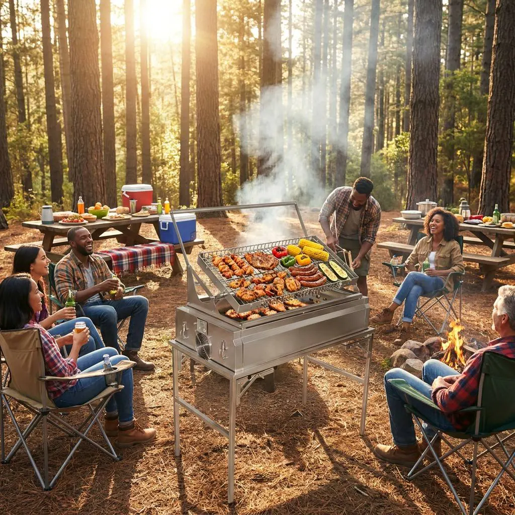 Commercial Stainless Steel Charcoal Grill with 360° Rotating Basket & Electric Blower, Foldable Stand Dual-Purpose BBQ Rotisserie Grill for Camping Backyard Catering