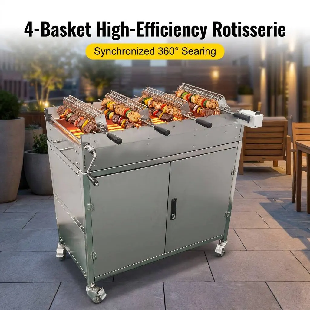 Heavy-Duty 4-Basket Rotisserie BBQ Station: Maximum Productivity with Precision Heat Control