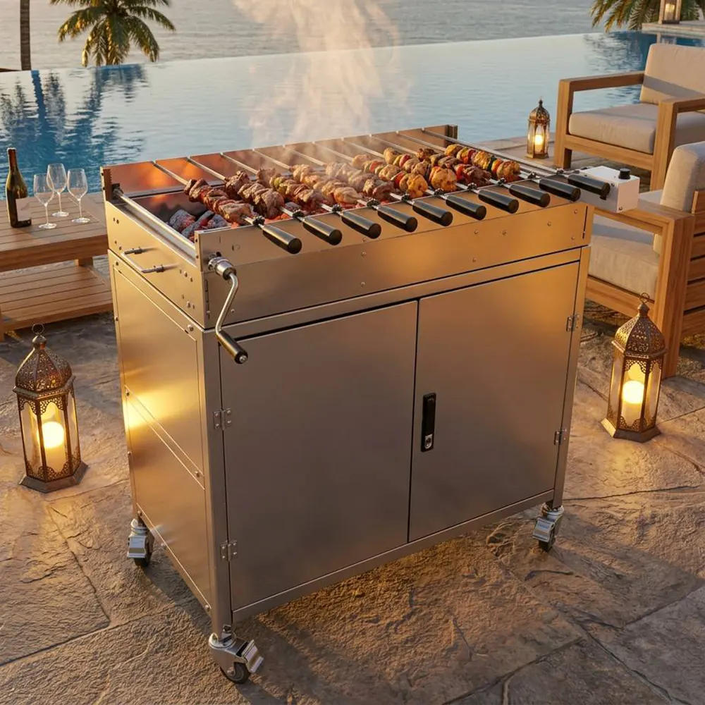 Cyprus-Style Stainless Steel Chain Barbecue Grill with Storage, Suitable for Family Gatherings, Outdoor Use, and Commercial Settings