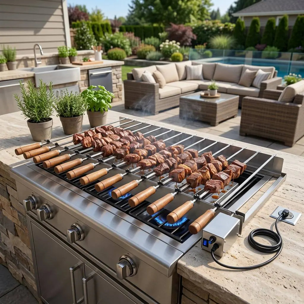 14-Skewer Automatic Rotating Grill Rack: Heavy-Duty Integrated Stainless Steel, Wood-Insulated Handles, & Variable Speed Motor for Commercial & Residential BBQ