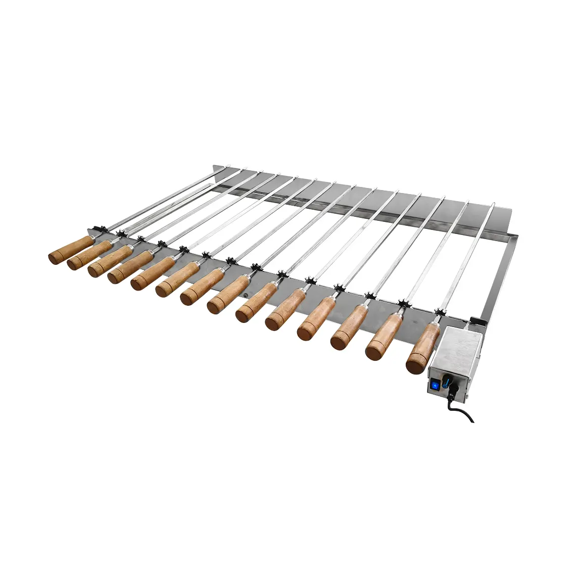 14-Skewer Automatic Rotating Grill Rack: Heavy-Duty Integrated Stainless Steel, Wood-Insulated Handles, & Variable Speed Motor for Commercial & Residential BBQ