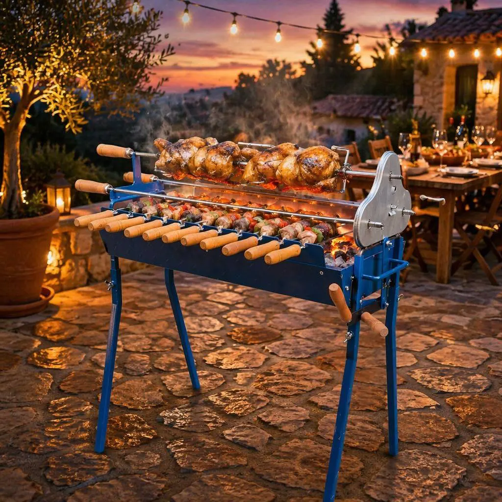 Cyprus Style Foukou Electric Rotisserie Charcoal Grill: Height-Adjustable Lift & 14-Skewer Kebab + Souvla Configuration