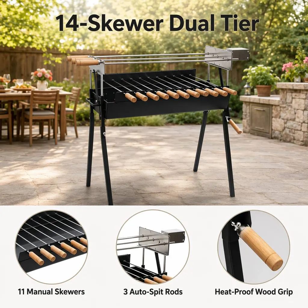 Modern Cyprus-Style Dual-Motor Kebab Grill Station: Professional-Grade Rotisserie with Independent Zone Control
