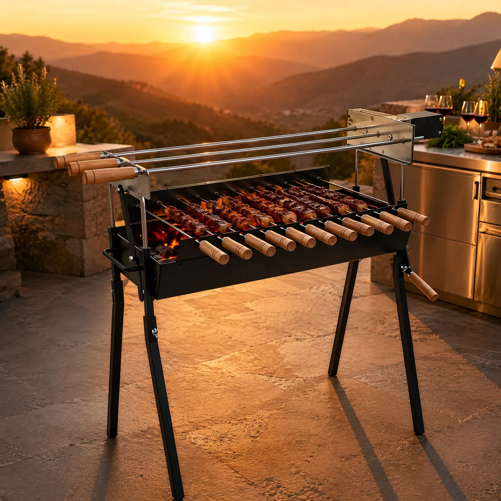 Modern Cyprus-Style Dual-Motor Kebab Grill Station: Professional-Grade Rotisserie with Independent Zone Control