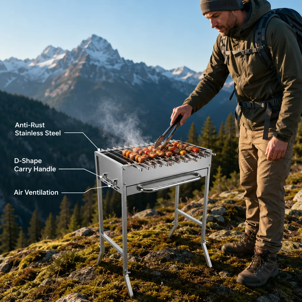 Professional 14-Skewer Portable Stainless Steel Charcoal Grill: High-Capacity Cooking for Outdoor Enthusiasts