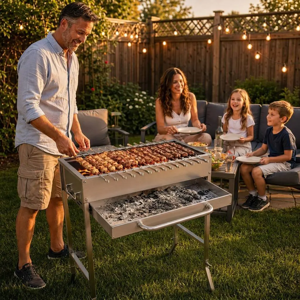 Professional 14-Skewer Portable Stainless Steel Charcoal Grill: High-Capacity Cooking for Outdoor Enthusiasts