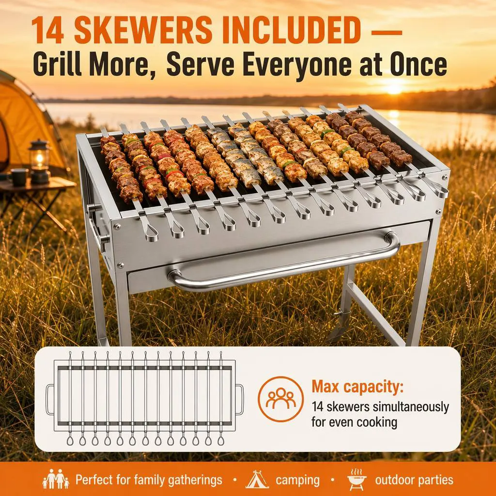 Professional 14-Skewer Portable Stainless Steel Charcoal Grill: High-Capacity Cooking for Outdoor Enthusiasts