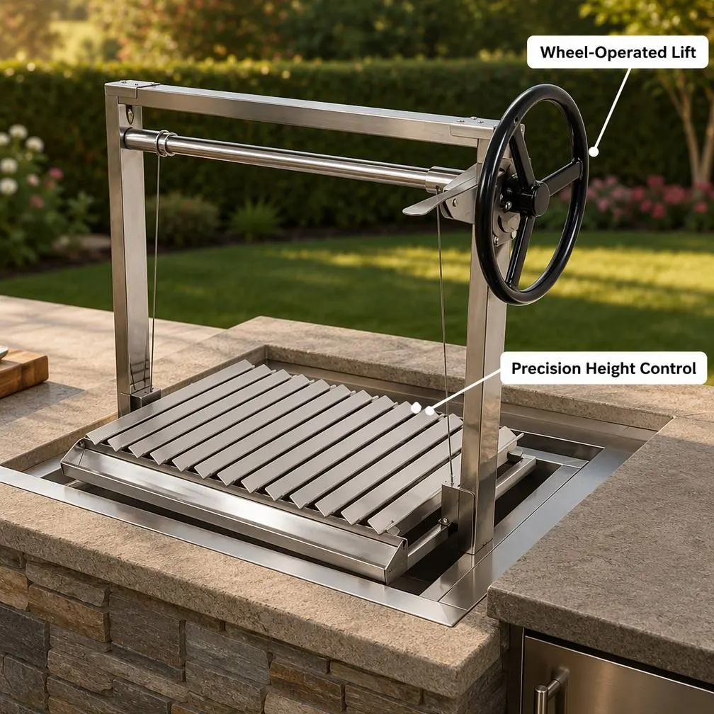Santa Maria Style Stainless Steel Height-Adjustable Grill Insert: Professional Flame Control for Built-In Outdoor Kitchens