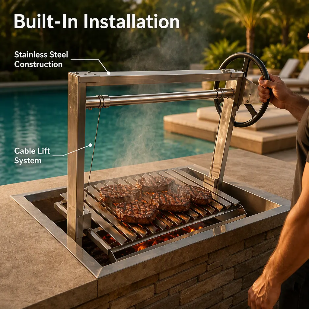 Santa Maria Style Stainless Steel Height-Adjustable Grill Insert: Professional Flame Control for Built-In Outdoor Kitchens