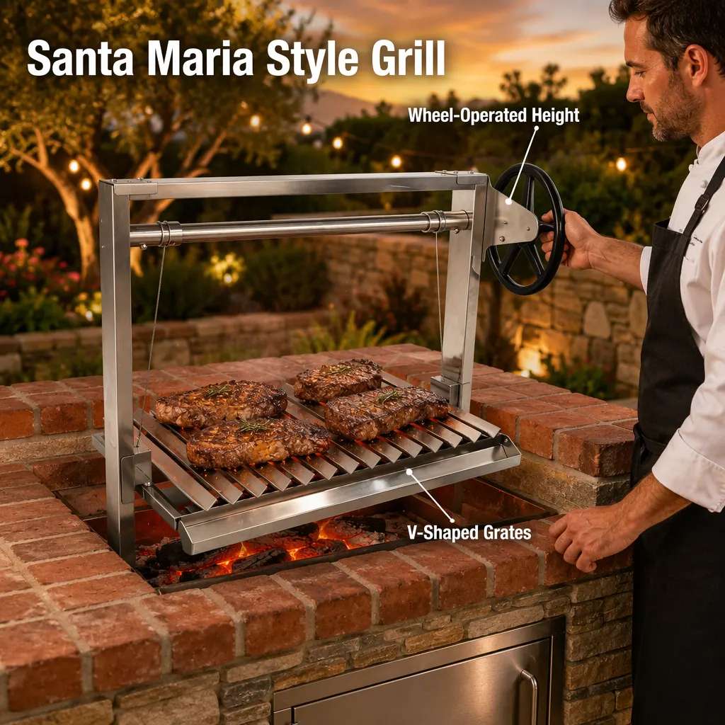 Santa Maria Style Stainless Steel Height-Adjustable Grill Insert: Professional Flame Control for Built-In Outdoor Kitchens
