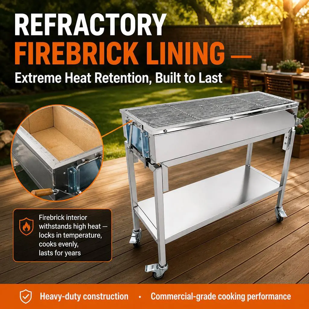 Professional Firebrick-Lined Stainless Steel Charcoal BBQ: Heavy-Duty Outdoor Cooking for Catering & Backyard Entertaining
