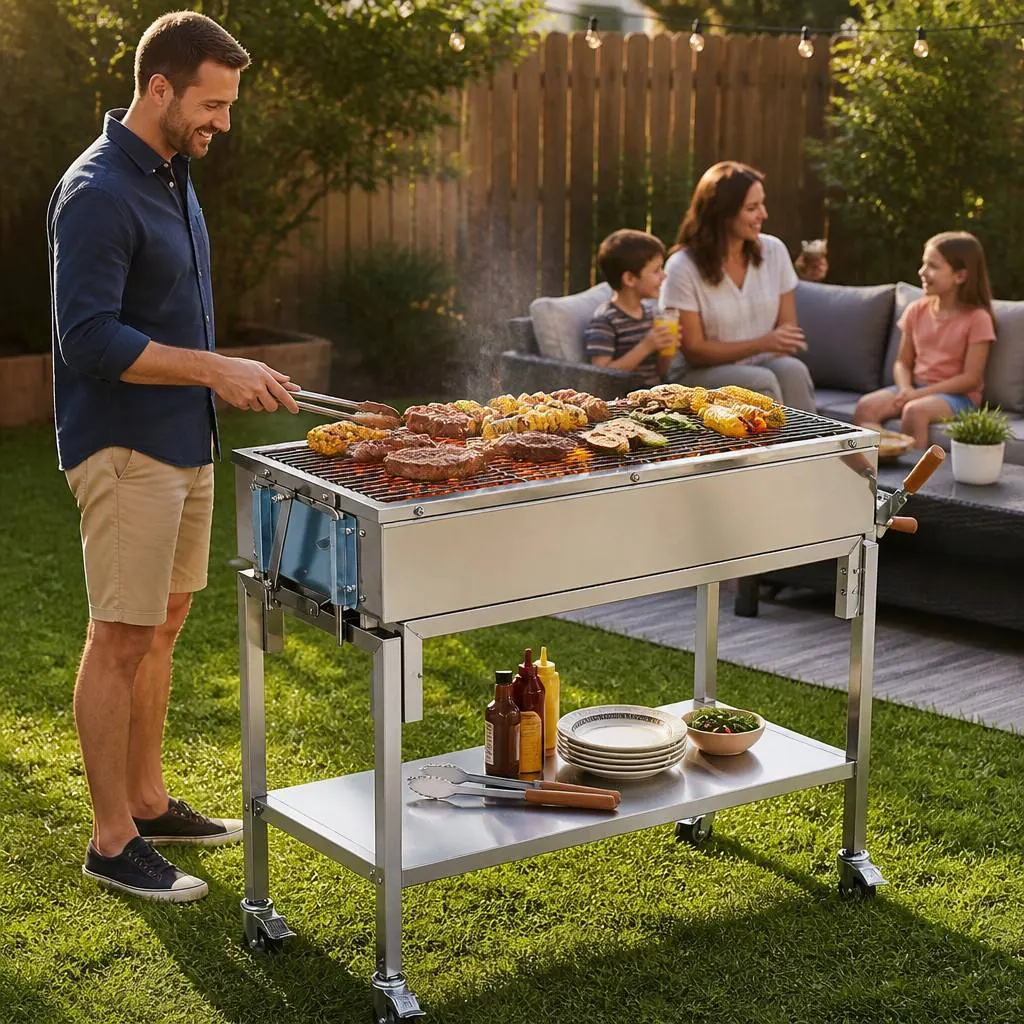 Professional Firebrick-Lined Stainless Steel Charcoal BBQ: Heavy-Duty Outdoor Cooking for Catering & Backyard Entertaining