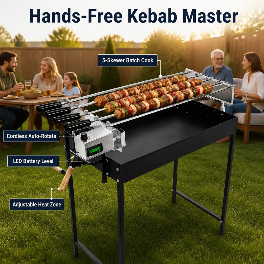 5-Skewer Electric Rotisserie BBQ Grill: Hands-Free 360° Rotation with Smart Digital Control