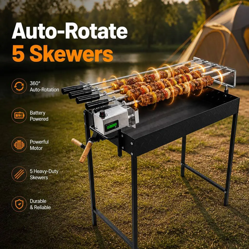5-Skewer Electric Rotisserie BBQ Grill: Hands-Free 360° Rotation with Smart Digital Control