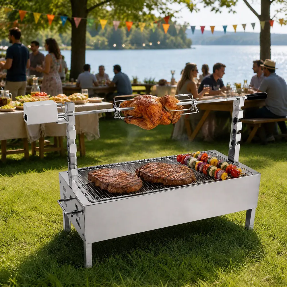 2-in-1 Electric Rotisserie Charcoal Grill: Motorized Spit Meets Traditional Wood-Fire Grilling