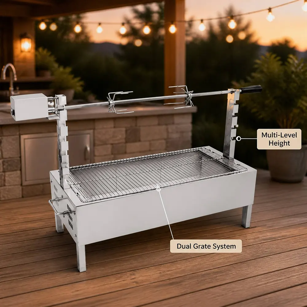 2-in-1 Electric Rotisserie Charcoal Grill: Motorized Spit Meets Traditional Wood-Fire Grilling