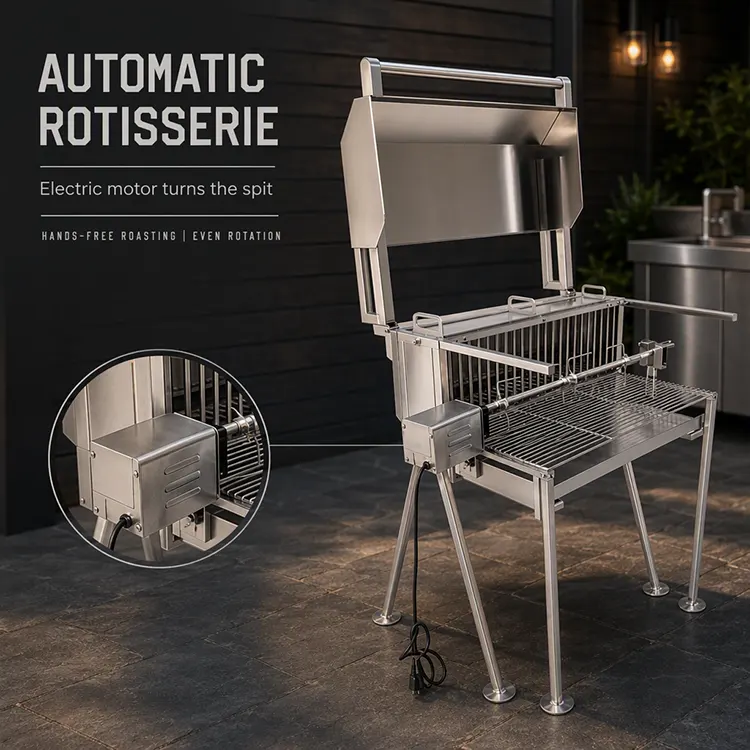 Stainless Steel Motorized Rotisserie BBQ Grill with Wind Shield