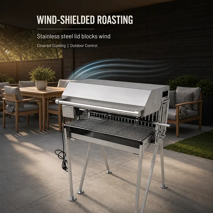 Stainless Steel Motorized Rotisserie BBQ Grill with Wind Shield
