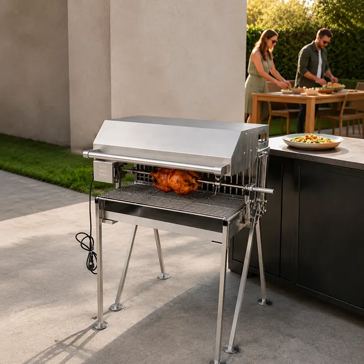 Stainless Steel Motorized Rotisserie BBQ Grill with Wind Shield