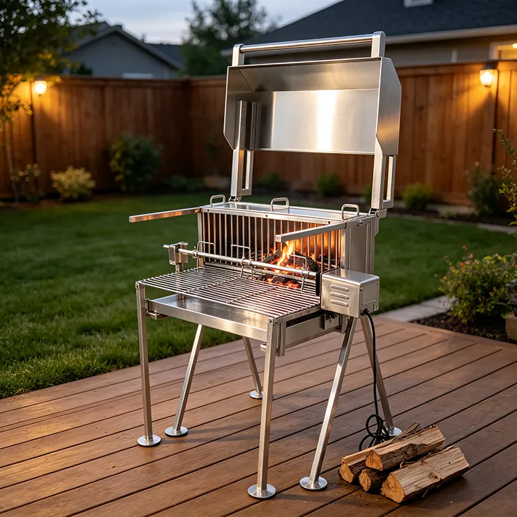 Stainless Steel Motorized Rotisserie BBQ Grill with Wind Shield